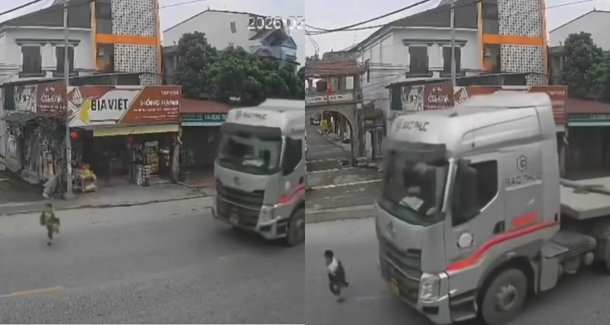 Cậu b&eacute; chạy băng qua đường đ&uacute;ng l&uacute;c container lao đến, camera ghi lại khoảnh khắc bủn rủn tay ch&acirc;n