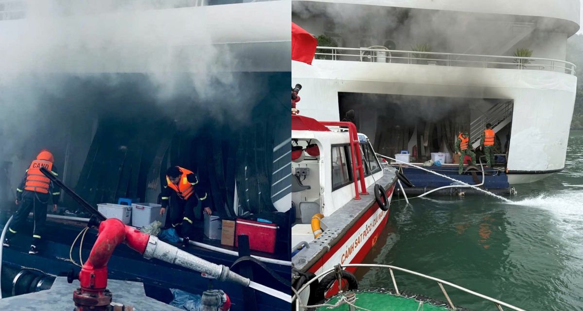 Hiện trường t&agrave;u du lịch ở C&aacute;t B&agrave; bốc ch&aacute;y giữa trưa, t&igrave;nh h&igrave;nh 32 người mắc kẹt?