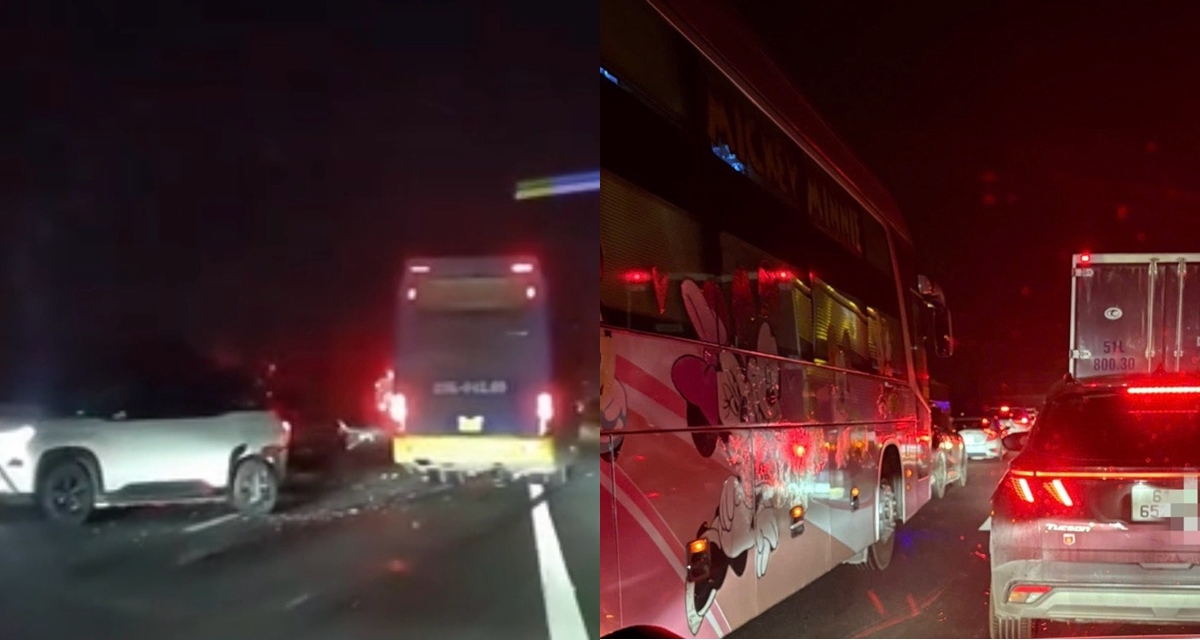 Camera ghi lại khoảnh khắc xe kh&aacute;ch lao thẳng v&agrave;o 4 &ocirc; t&ocirc; tr&ecirc;n cao tốc Phan Thiết &ndash; Dầu Gi&acirc;y