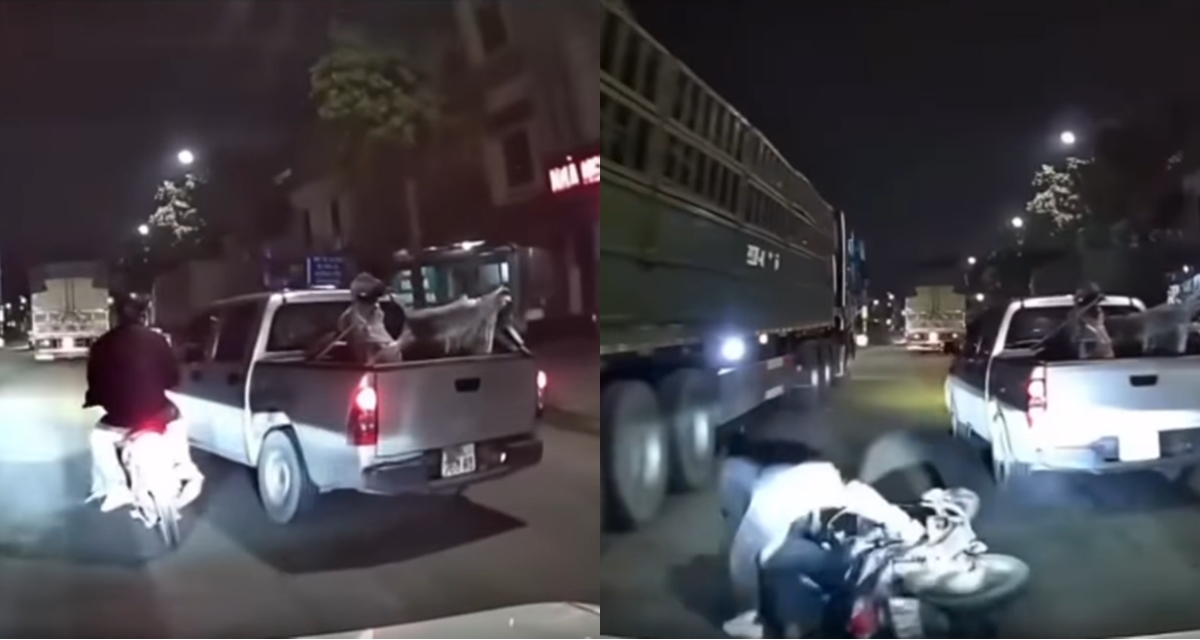 Camera ghi lại khoảnh khắc xe m&aacute;y chở theo trẻ nhỏ bị xe b&aacute;n tải &eacute;p ng&atilde;, su&yacute;t bị xe tải c&aacute;n qua