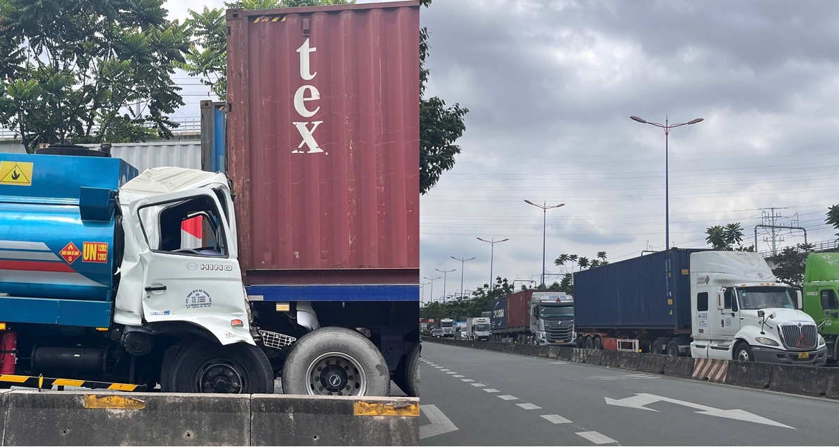 TP HCM: Hiện trường xe bồn t&ocirc;ng đu&ocirc;i container dừng đ&egrave;n đỏ, t&agrave;i xế mắc kẹt trong cabin, tắc d&agrave;i hơn 1 km