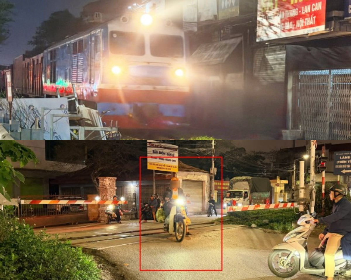 Bất chấp c&ograve;i b&aacute;o t&agrave;u sắp đến, nhiều xe m&aacute;y vẫn liều m&igrave;nh vượt r&agrave;o chắn đoạn Ngọc Hồi, H&agrave; Nội