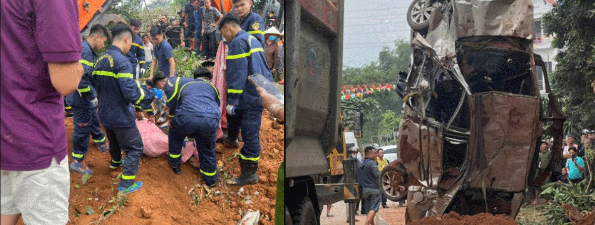 Hiện trường xe tải chở đất bất ngờ lật nghi&ecirc;ng, nghiền n&aacute;t &ocirc; t&ocirc; con v&agrave; xe m&aacute;y khiến 2 người tử vong