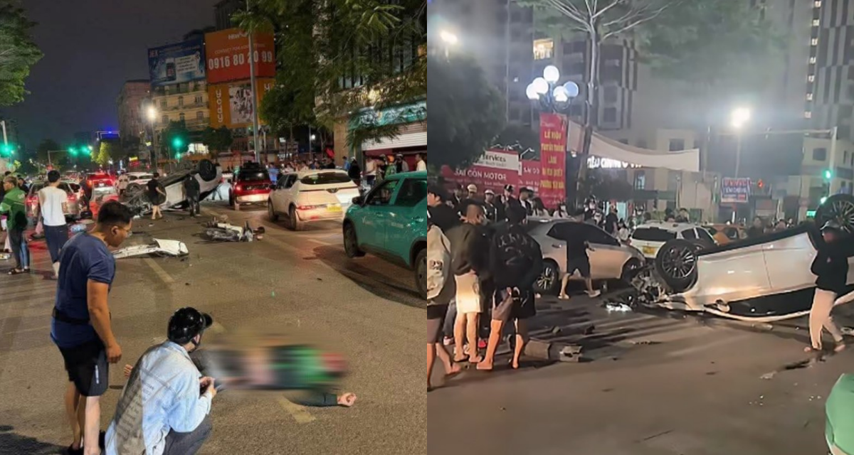 Hiện trường vụ tai nạn ở Cầu Giấy, H&agrave; Nội: Xe &ocirc; t&ocirc; lật ngửa nằm lăn l&oacute;c giữa đường, xe m&aacute;y tan t&agrave;nh