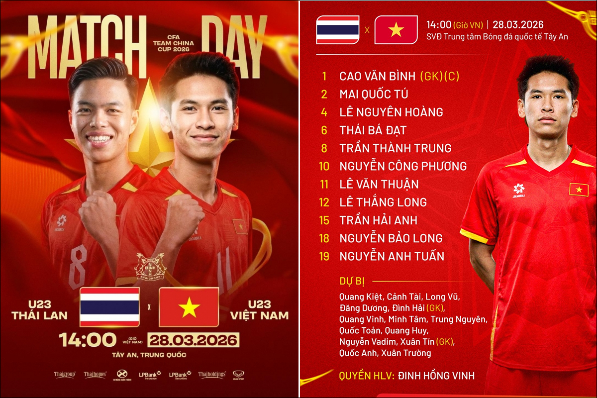 Cập nhật tỉ số U23 Việt Nam vs U23 Th&aacute;i Lan - Trực tiếp CFA Team China 2026 ng&agrave;y 28/3