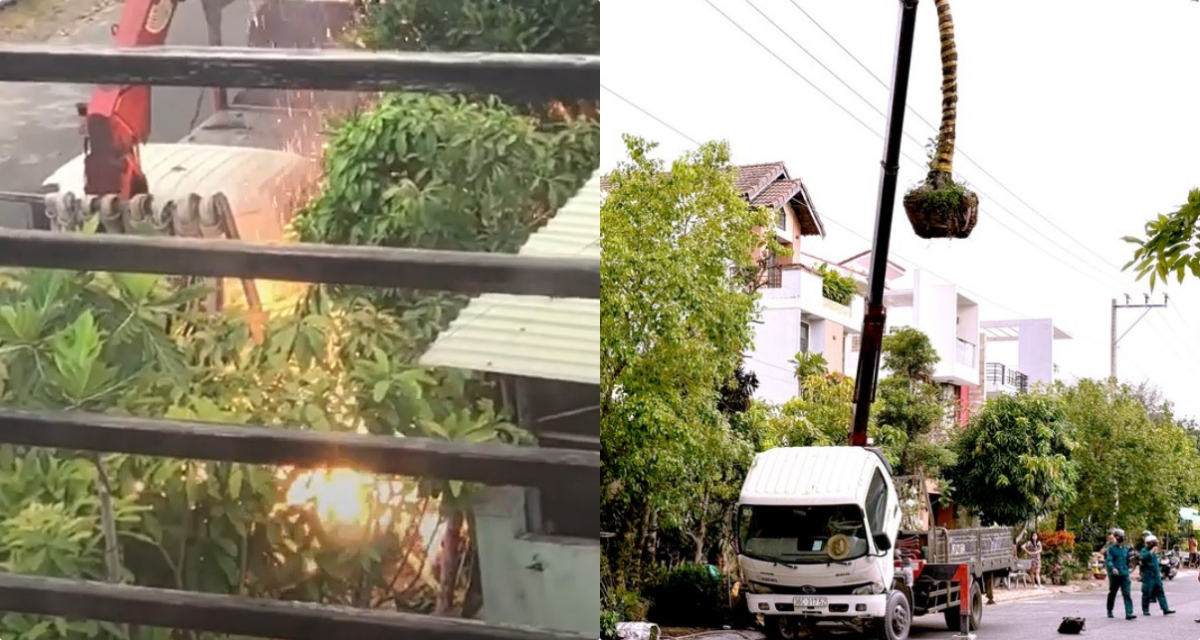 Cận cảnh vụ cần cẩu vướng d&acirc;y điện khiến t&agrave;i xế tử vong tại chỗ: Lửa điện phụt l&ecirc;n tại hiện trường