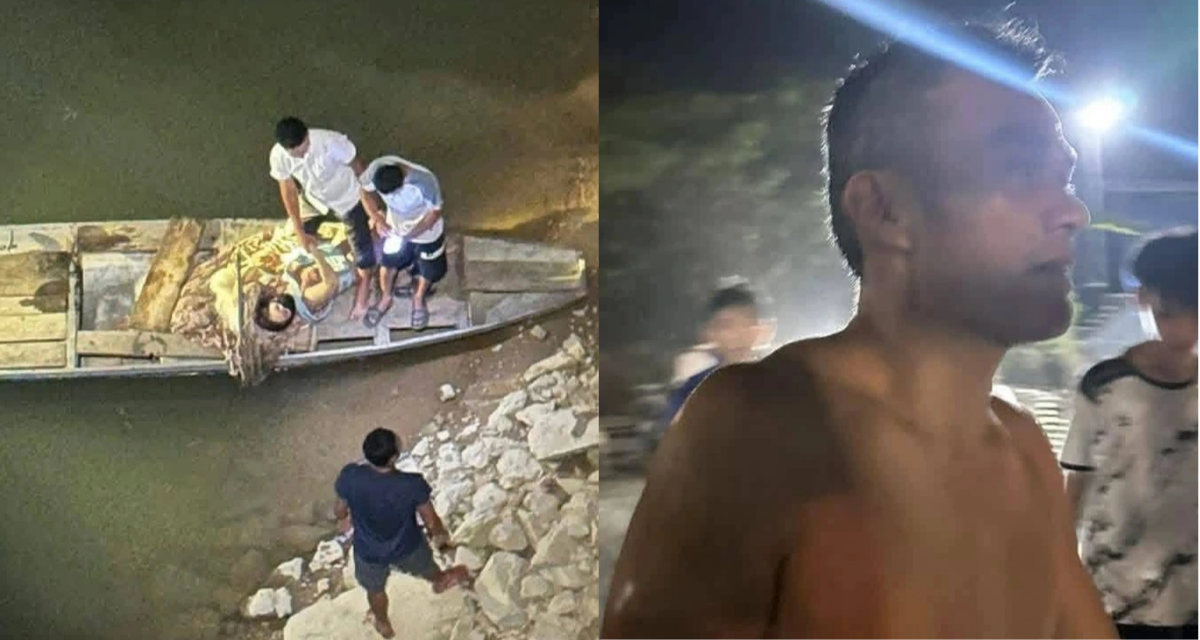 Khoảnh khắc nghẹt thở: Người đ&agrave;n &ocirc;ng bất chấp nguy hiểm lao xuống s&ocirc;ng Lam cứu hai mẹ con 