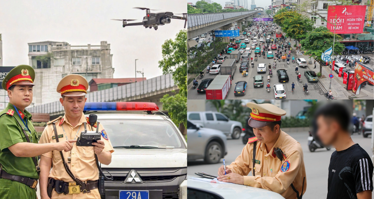 CSGT H&agrave; Nội d&ugrave;ng flycam &lsquo;soi&rsquo; từ tr&ecirc;n cao, nhiều t&agrave;i xế dừng đỗ sai quy định bị xử phạt