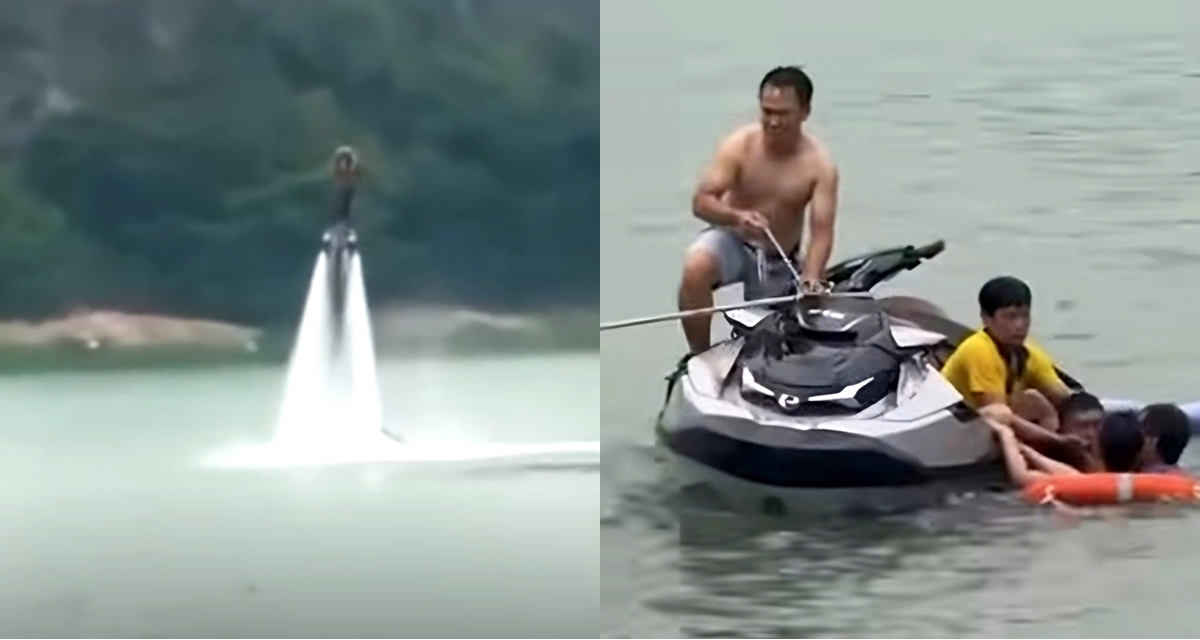Nguy&ecirc;n nh&acirc;n flyboard đang bay th&igrave; rơi xuống nước, lời kể của anh b&aacute;n nước vứt v&iacute; v&agrave; đồ để cứu người
