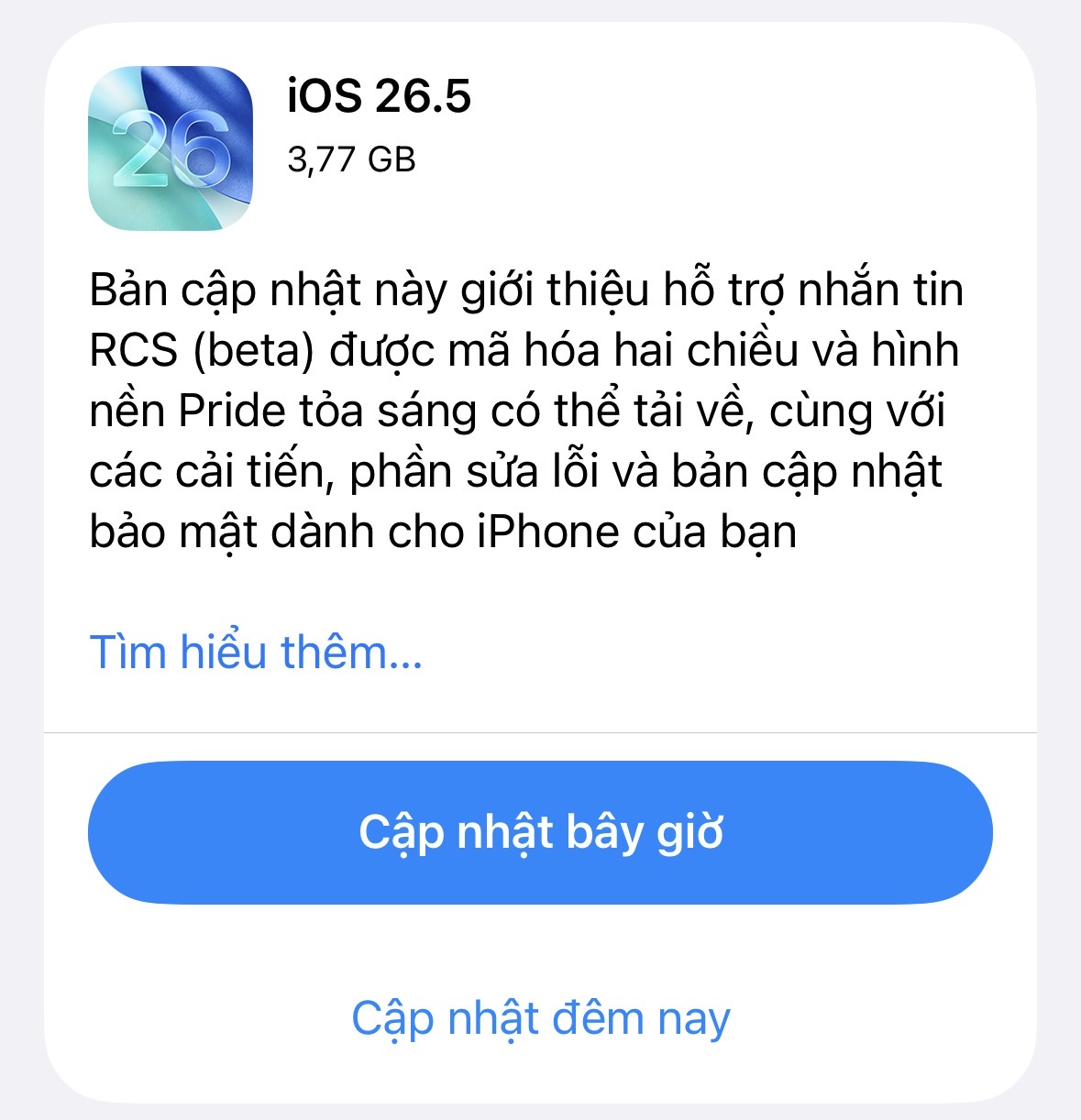 iOS 26.5 ch&iacute;nh thức ph&aacute;t h&agrave;nh, phi&ecirc;n bản mượt m&agrave;, bảo mật v&agrave; ổn định nhất của iOS 26, n&ecirc;n tải ngay v&agrave; lu&ocirc;n!