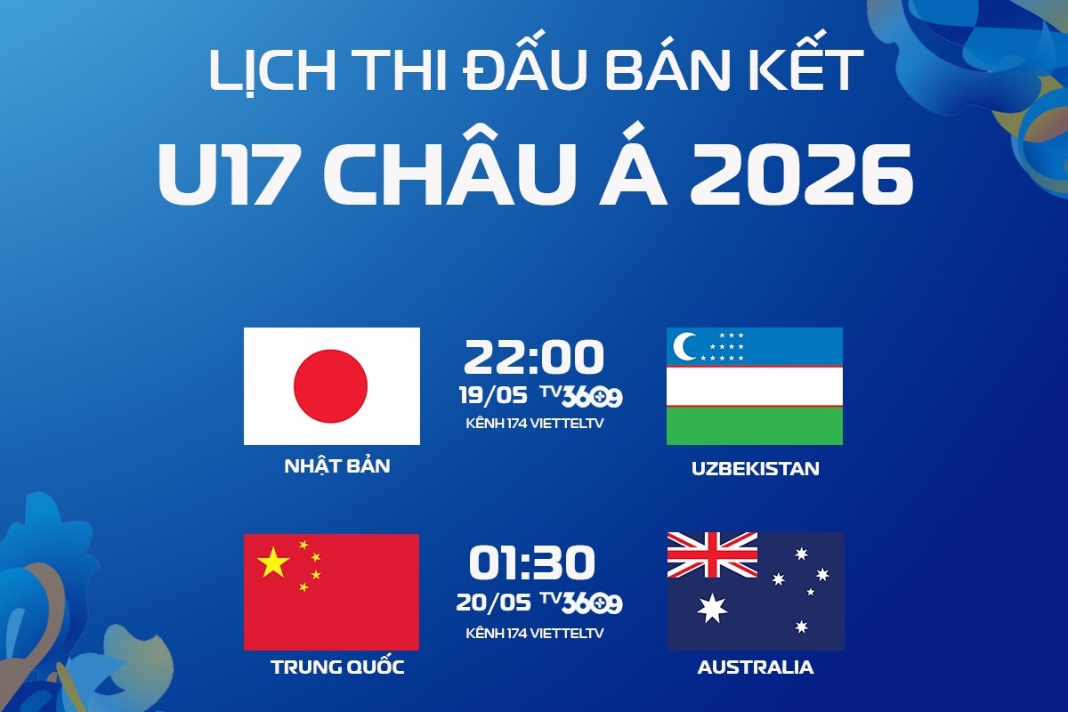Lịch trực tiếp B&aacute;n kết U17 ch&acirc;u &Aacute; 2026 h&ocirc;m nay 19/5: U17 Nhật Bản vs U17 Uzbekistan; U17 Trung Quốc đấu U17 Australia