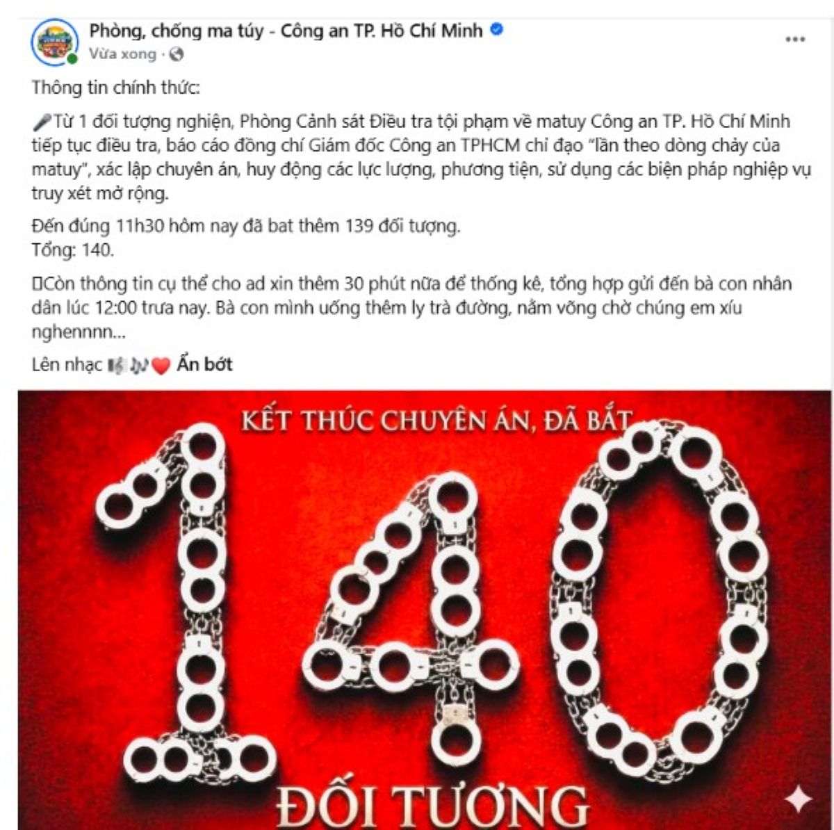 Fanpage PC04 ph&aacute;t th&ocirc;ng b&aacute;o n&oacute;ng giữa trưa: Con số 140 h&eacute; lộ chuy&ecirc;n &aacute;n ma t&uacute;y g&acirc;y x&ocirc;n xao dư luận