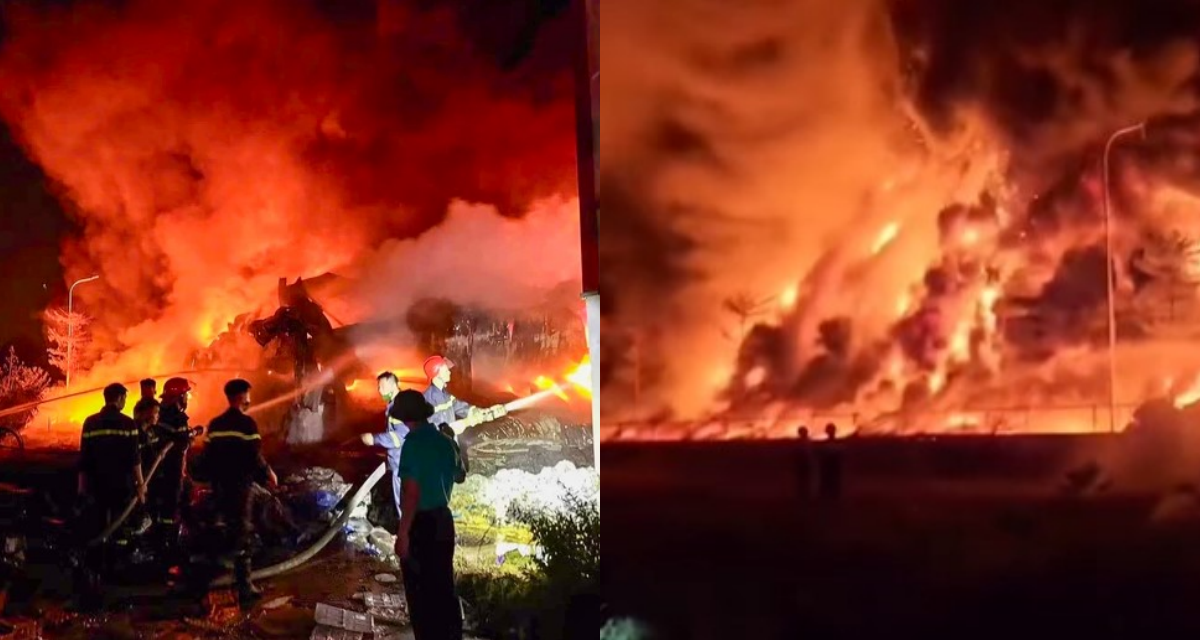 Hiện trường vụ ch&aacute;y c&ocirc;ng ty nhựa ở Ph&uacute; Thọ: Lửa bốc cao h&agrave;ng chục m&eacute;t, kh&oacute;i đen vẫn &acirc;m ỉ bốc l&ecirc;n