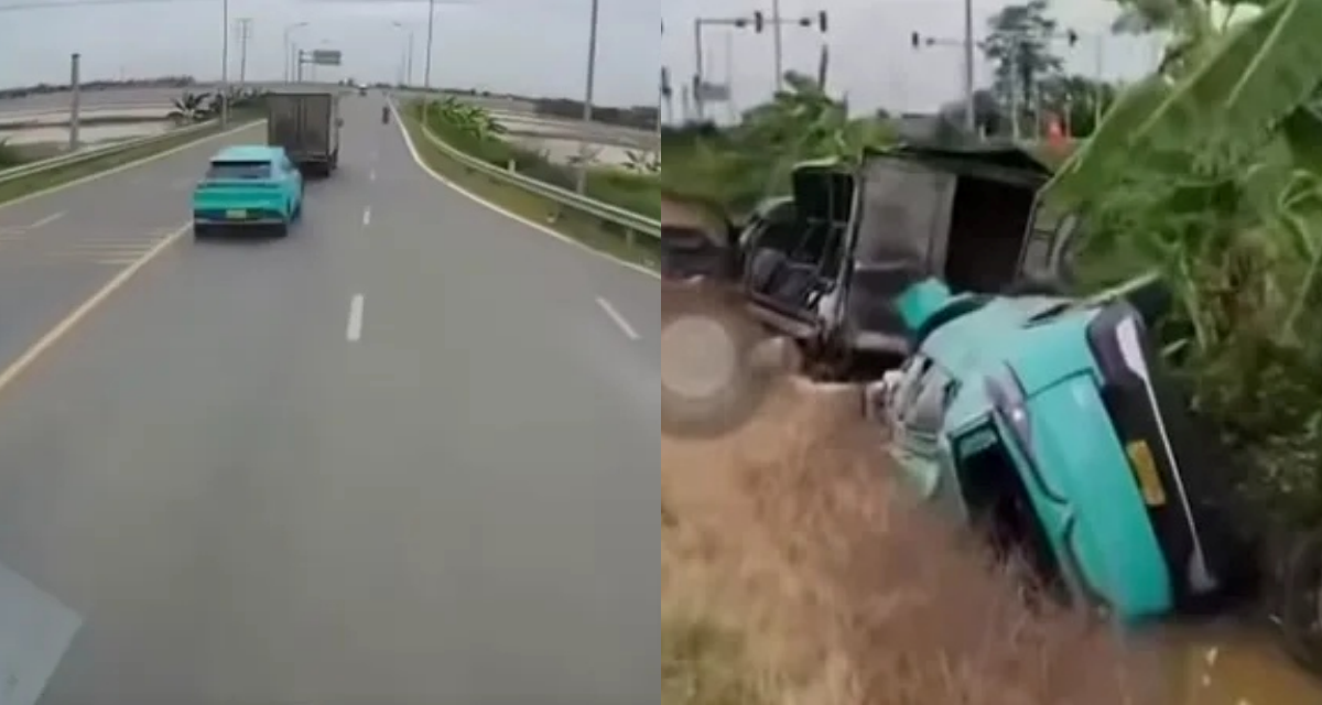 Danh t&iacute;nh t&agrave;i xế ph&ecirc; ma t&uacute;y ph&oacute;ng xe tốc độ cao rồi h&uacute;c văng xe tải xuống mương nước