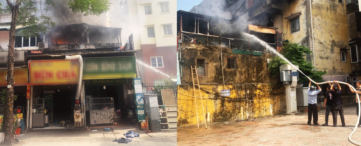 Ch&aacute;y lớn tại qu&aacute;n ăn ở H&agrave; Nội: Hiện trường lửa rực đỏ, k&iacute;nh bị nứt vỡ v&agrave; nhiều thanh sắt biến dạng