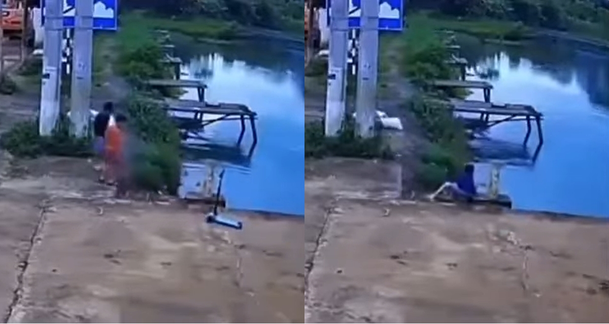 B&eacute; 11 tuổi nhanh tr&iacute; cứu em họ rơi xuống hồ: Định lao xuống nước, d&ugrave;ng scooter cho em b&aacute;m v&agrave;o