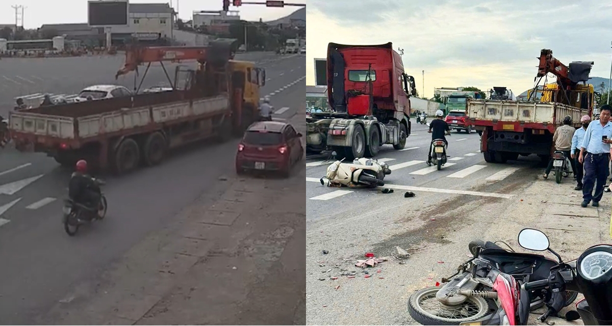 H&agrave; Tĩnh: Xe tải cẩu lao v&agrave;o đo&agrave;n xe m&aacute;y đang dừng đ&egrave;n đỏ, camera ghi lại to&agrave;n bộ diễn biến
