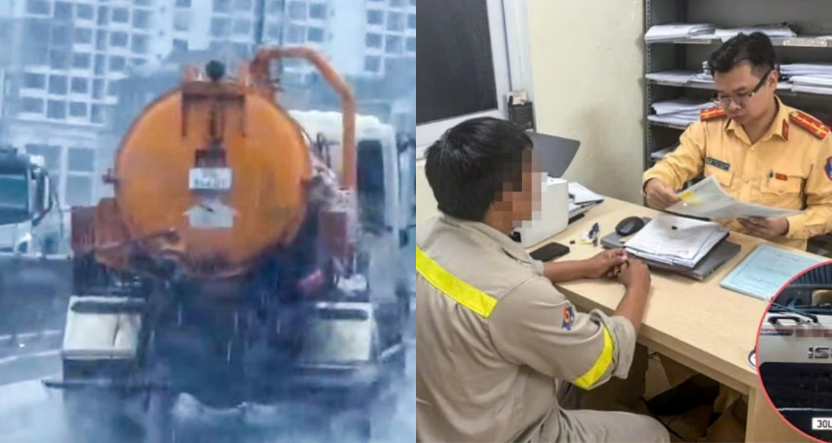 T&agrave;i xế xe bồn để chất thải tr&agrave;n xuống đường V&agrave;nh đai 3 H&agrave; Nội bị phạt, khai nhận g&igrave; với c&ocirc;ng an?