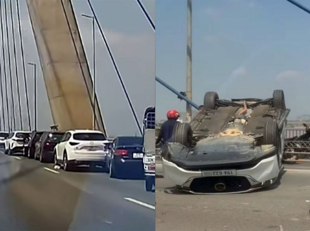 Hiện trường hai vụ tai nạn c&aacute;ch nhau 100m tr&ecirc;n cầu Nhật T&acirc;n, giao th&ocirc;ng đi Nội B&agrave;i &ugrave;n tắc