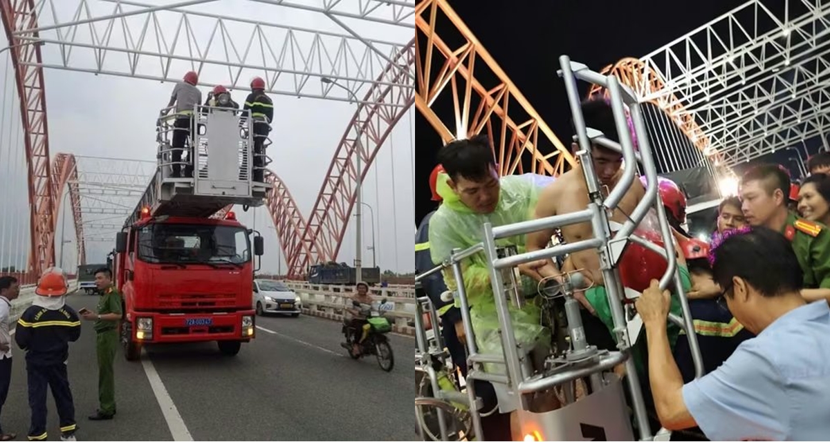 Thanh ni&ecirc;n &lsquo;ng&aacute;o đ&aacute;&rsquo; leo l&ecirc;n m&aacute;i v&ograve;m cầu Cỏ May rồi cố thủ, c&ocirc;ng an phải mang xe thang, đệm hơi đến giải cứu