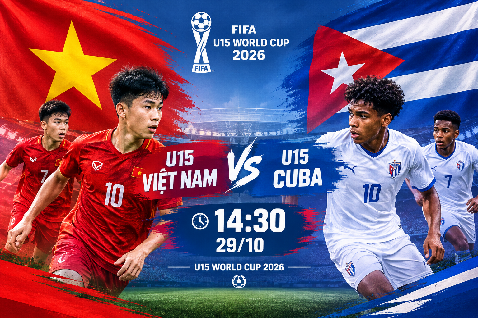 LINK xem trực tiếp U15 Việt Nam vs U15 Cuba - Trực tiếp b&oacute;ng đ&aacute; U15 World Cup 2026 h&ocirc;m nay 29/10