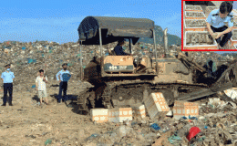 Phú Yên: Lực lượng chức năng dùng máy móc nghiền nát và tiêu hủy 1.000kg chả chay không rõ nguồn gốc