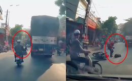 Thương tâm clip người phụ nữ phanh gấp, ngã vào bánh xe tải, bài học quá lớn khi tham gia giao thông