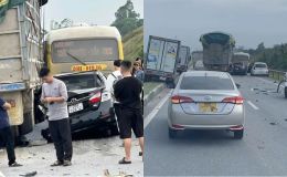 Camera ghi lại khoảnh khắc xe tải tông liên hoàn ở cao tốc Hà Nội – Thái Nguyên, tài xế có hành động đáng ngờ 