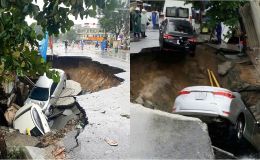 Camera khoảnh khắc mặt đường sụp xuống trong giây lát, ‘nuốt chửng’ người và 2 ô tô con vào 'hố tử thần'