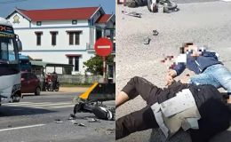 Quảng Trị: Hiện trường xe máy va chạm xe khách, danh tính 3 thiếu niên bị thương nặng nằm bất động 