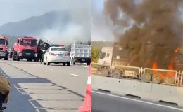 Hiện trường xe tải bất ngờ bốc cháy trên cao tốc Cam Lâm - Vĩnh Hảo,  toàn bộ hàng hóa bị thiêu rụi