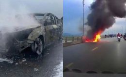 Hiện trường kinh hoàng xe ô tô 5 chỗ bị thiêu rụi trơ khung, cả gia đình tung cửa tháo chạy