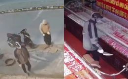 Kinh hoàng khoảnh khắc hai đối tượng cầm dao đập kính, vơ vét vàng trong đêm ở Ninh Bình