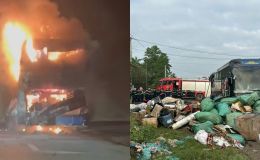 Hiện trường xe khách bất ngờ bốc cháy dữ dội ở Quảng Trị, tình hình 9 hành khách trên xe? 