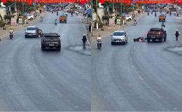 Người phụ nữ chở trẻ nhỏ lao sang đường, camera ghi lại tình huống va chạm nguy hiểm với ô tô