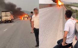 Tài xế xe tải quỳ gối, chảy nước mắt nhìn hàng chục chiếc xe máy chở ra Hà Nội bị thiêu rụi