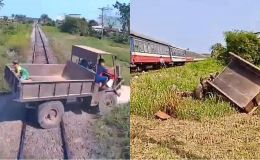 3 ông cháu thương vong sau khi vượt đường sắt bằng công nông, camera ghi lại cảnh xe văng chục mét