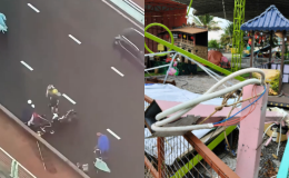Khoảnh khắc gió giật mạnh ở Đà Nẵng: Nhà phao bay lên cao, trụ đèn đổ ngã, người đi đường chao đảo