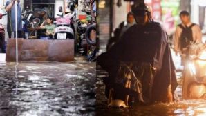 Hà Nội ngập trong biển nước sau hoàn lưu bão: Hàng dài người phải dắt bộ, lội bì bõm trong dòng nước