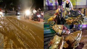 Tìm ra lý do bùn nhão ngập tràn phố Tôn Đức Thắng, khiến hàng loạt người đi xe máy ngã ra đường