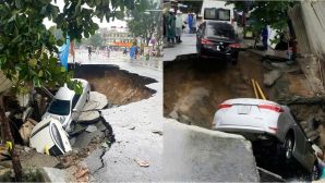 Camera khoảnh khắc mặt đường sụp xuống trong giây lát, ‘nuốt chửng’ người và 2 ô tô con vào 'hố tử thần'