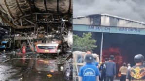 Hiện trường cháy dữ dội tại gara ôtô TP Pleiku, hai xe khách bị thiêu rụi hoàn toàn