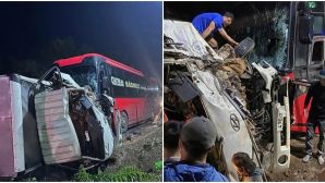 Hiện trường ám ảnh xe tải lật nghiêng, bẹp dúm sau cú tông mạnh với xe khách ở Đắk Lắk