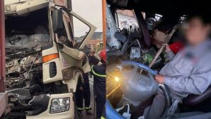 Hiện trường xe tải va chạm mạnh với xe container, hé lộ tình trạng đáng lo của tài xế mắc kẹt trong cabin