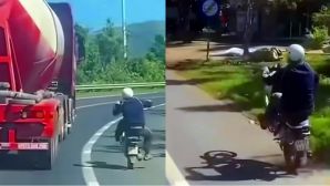 Thanh niên 16 tuổi bốc đầu mô tô chạy đua với xe bồn và cái kết khiến dân mạng hả hê vỗ tay