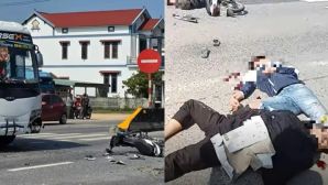 Quảng Trị: Hiện trường xe máy va chạm xe khách, danh tính 3 thiếu niên bị thương nặng nằm bất động 