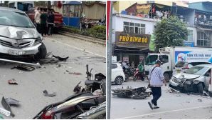 Hiện trường kinh hoàng vụ ô tô con tông liên hoàn 6 phương tiện trên phố Lê Trọng Tấn, nhiều người bị hất văng