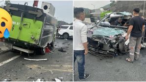 Hiện trường kinh hoàng ô tô 7 chỗ tông đuôi xe hút bụi trên cao tốc Hải Phòng - Móng Cái, tài xế mắc kẹt trong cabin