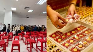 Giá vàng leo thang từng giờ, người mua truyền tai ‘chiêu lạ’ xếp hàng thế chân trước ngày vía Thần Tài