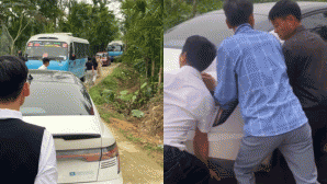 Clip ghi lại hành động gây bất ngờ vụ đoàn đám cưới bị một ô tô con chắn lối hết đi vào nhà gái